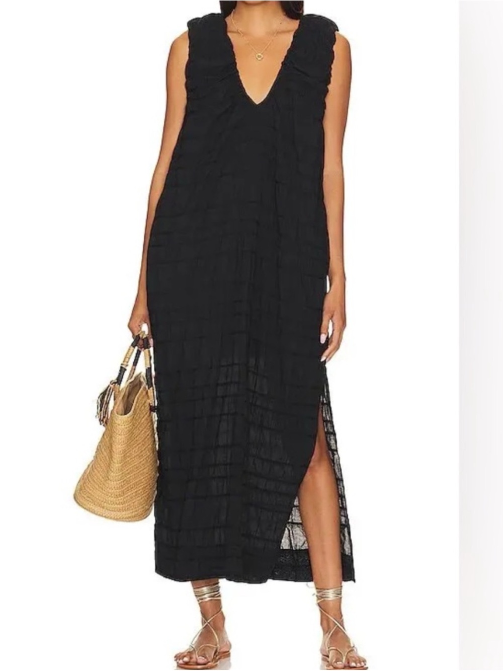 Free People Black V Neck Textured Large Open Back Agatha Maxi Dress Leg Slit